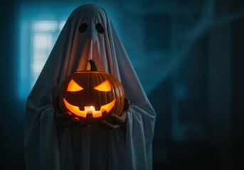 Ghostly halloween figure holding a lit jack o lantern