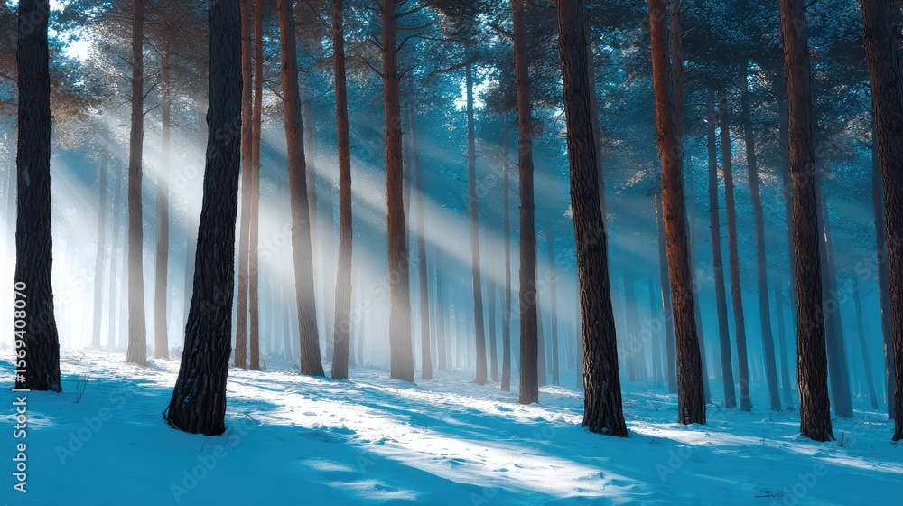 Poster serene forest scene with sunlight filtering through tall trees and snowy ground creating a magical w