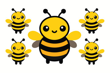 Obraz premium Five cute cartoon bees with bright yellow bodies are smiling on a transparent background