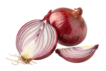 Whole and sliced red onion with roots isolated on transparent background