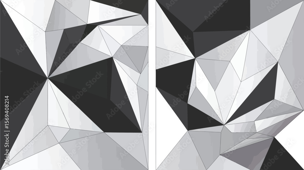 Poster two abstract geometric designs with triangular and polygonal shapes in grayscale color scheme displa