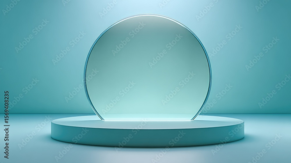 Poster minimalist studio setup featuring circular display podium with soft lighting in a calm blue tone, id