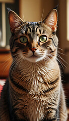 Majestic Tabby Cat Portrait – Elegant Feline with Captivating Green Eyes
