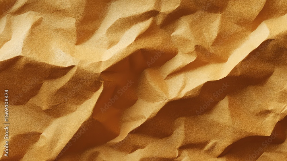 Poster textured surface of crumpled brown paper with intricate patterns and shadows, ideal for backgrounds 