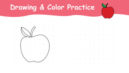 Apple drawing and color practice. trace and color fruit. vector apple outline with grid lines for draw the shape and coloring