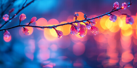 Enchanting Winter Branch Frozen Buds Adorned with Ice Crystals Illuminated by a Warm Bokeh Background in Shades of Orange Pink and Blue Creating a Magical