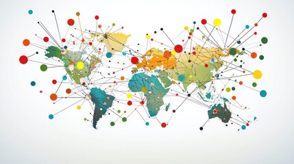 Fototapeta premium Global network connection map showing worldwide communication and data exchange.