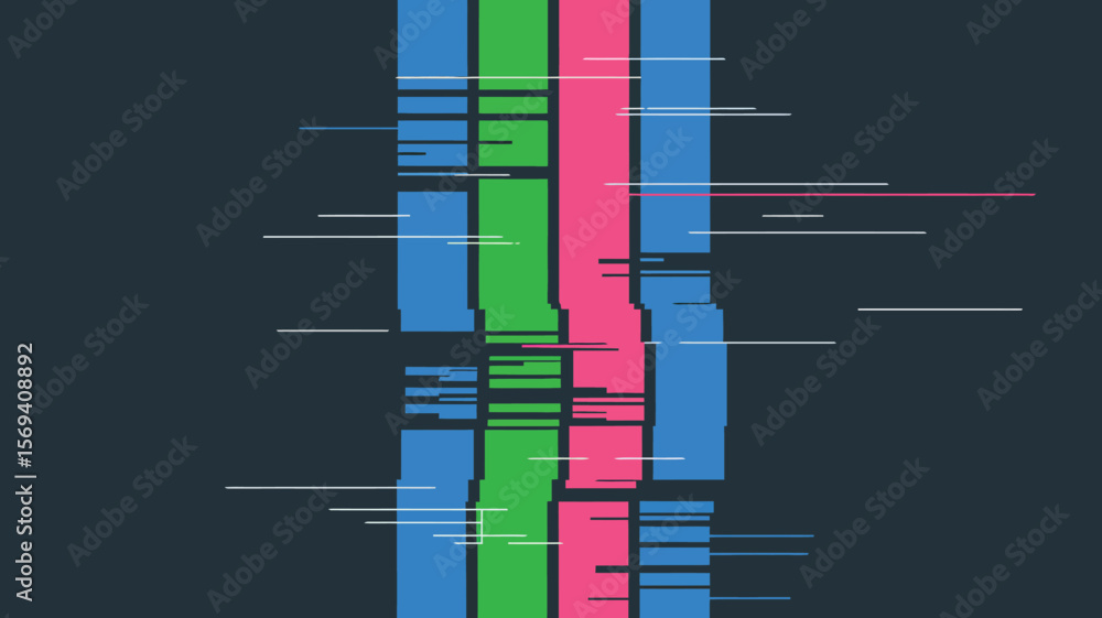 Poster abstract image featuring blue green and pink vertical bars with horizontal lines on a dark backgroun
