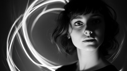 Naklejka premium Monochrome portrait of a young woman with light trails in the background.