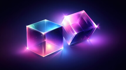 Two glowing glass cubes with vibrant neon colors and reflections on dark background.