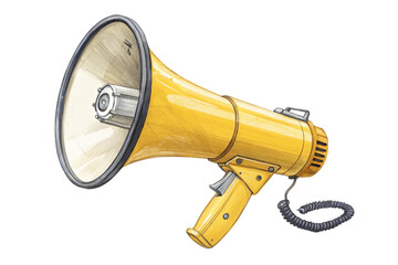 A yellow megaphone with a coiled cord isolated on transparent background