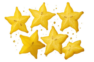 Obraz premium Juicy star fruit slices with sweet drips, isolated on a transparent background