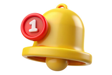 Yellow 3d notification bell with red badge and number one isolated on transparent background