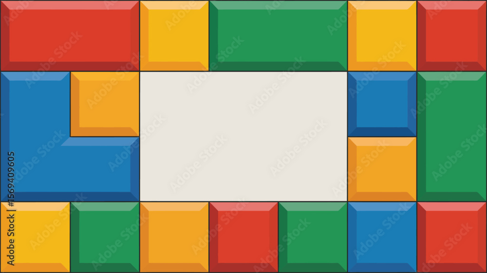 Poster a colorful frame constructed from rectangular and square blocks surrounding a blank off white space