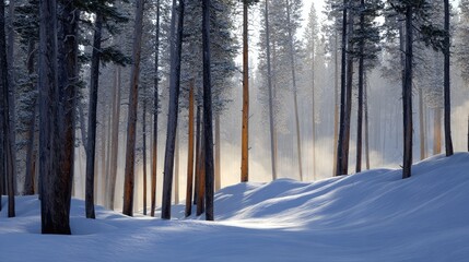 Ethereal Morning Light Breaking Through Forest Trees in a Winter Wonderland, Creating a Magical Atmosphere Amidst Soft Snow and Frosty Pine