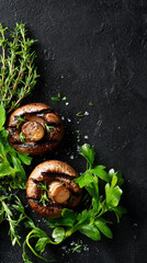 Grilled Portobello Mushrooms with Fresh Herbs on Dark Background Top View with Copy Space Healthy Vegetarian Food Gourmet Cooking Recipe Ingredient Culinary Concept