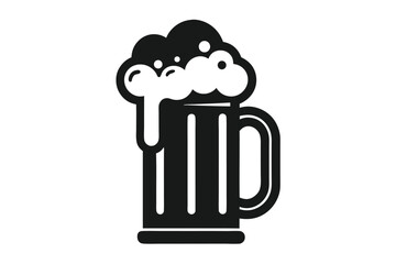 Black beer mug overflows with foamy head, offering a minimalist, vectorstyle refreshment