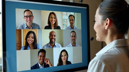 Over shoulder view of female worker have webcam digital virtual conference with diverse multiethnic colleagues. Woman speak talk on video call with multiracial businesspeople. Onli. - Powered by Adobe
