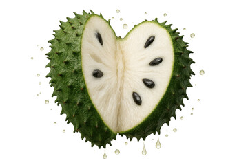 Fresh soursop fruit, cut in heart shape, isolated on transparent background.
