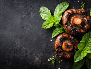 Grilled Portobello Mushrooms with Fresh Mint Leaves on Dark Background Top View with Copy Space for Text or Design Culinary and Healthy Food Concept