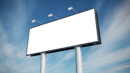 Obraz premium Large Billboard with Clear White Signage Stands Tall Against a Vibrant Blue Sky Streaked with Wispy Clouds on a Sunny Day