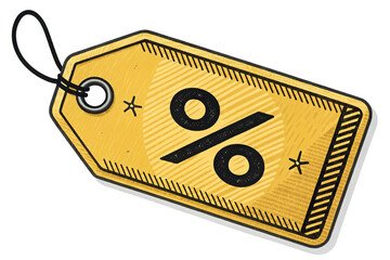 Yellow price tag with a black percentage symbol isolated on transparent background