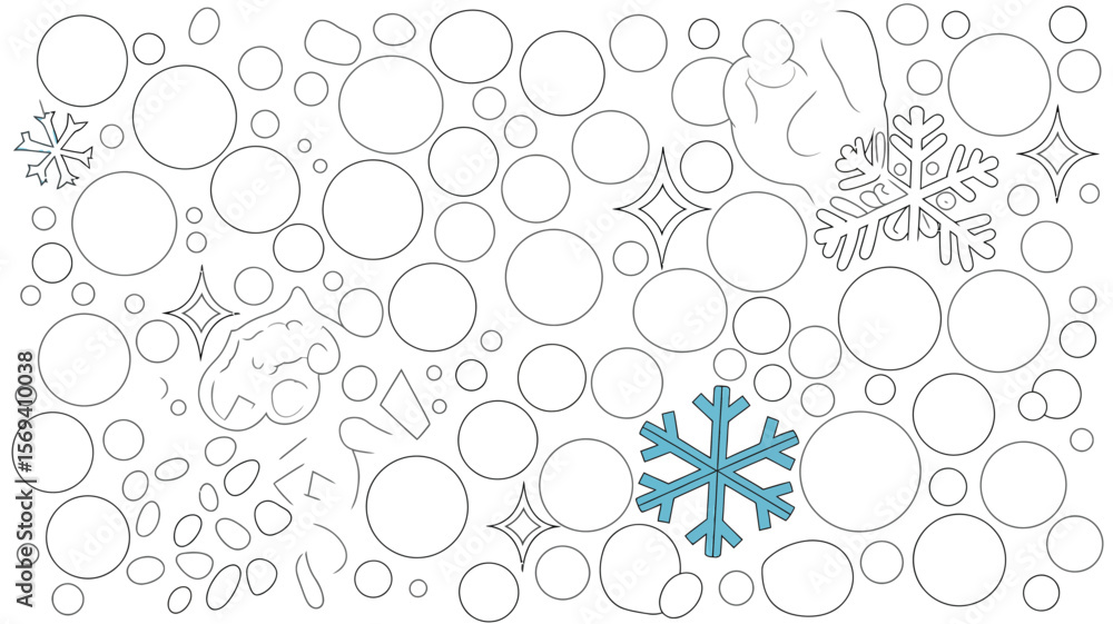 Poster a line art pattern with circles snowflakes stars and a hand holding a snowflake design element