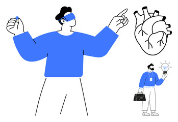 Person using virtual reality and interacting with a heart model, another person holding a glowing idea bulb. Ideal for innovation, healthcare, medical education, VR technology, research, creativity