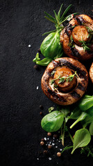 Grilled Portobello Mushrooms with Herbs and Spices on a Dark Background Culinary Still Life Gourmet Food Presentation Healthy Eating Vegetarian Dish Restaurant Menu