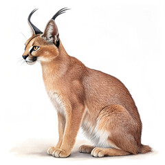Side Profile of Sitting Caracal Cat Isolated on White Background

