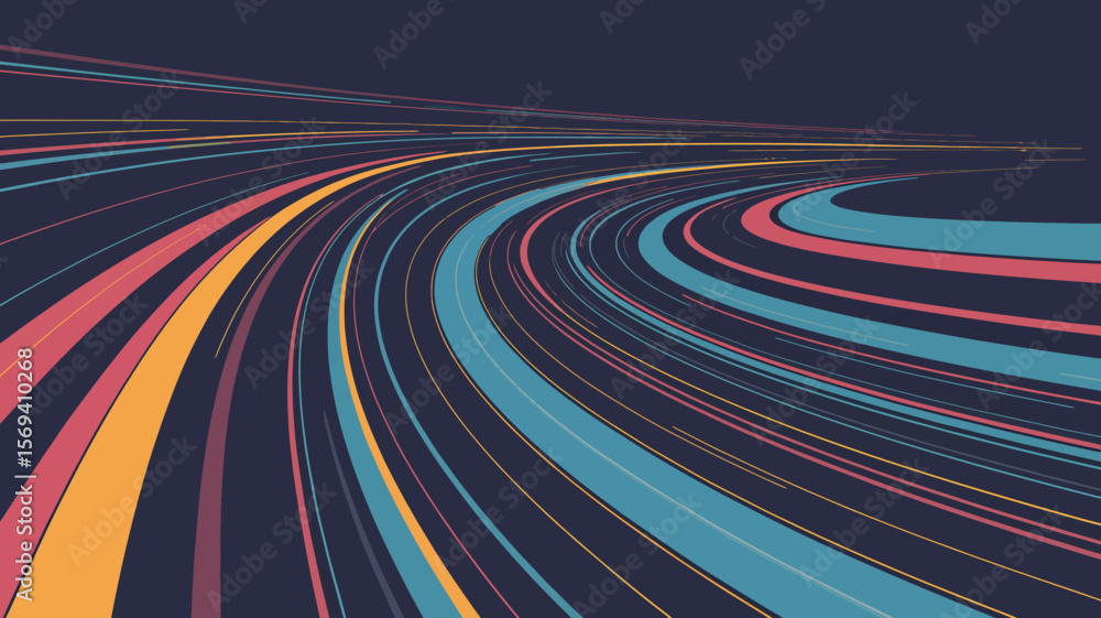 Poster abstract illustration of colorful curved lines on a dark background creating a sense of movement and