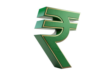 Green indian rupee symbol with gold trim isolated on transparent background