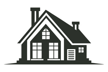 A minimalist house silhouette with a gabled roof and chimney stands alone on white