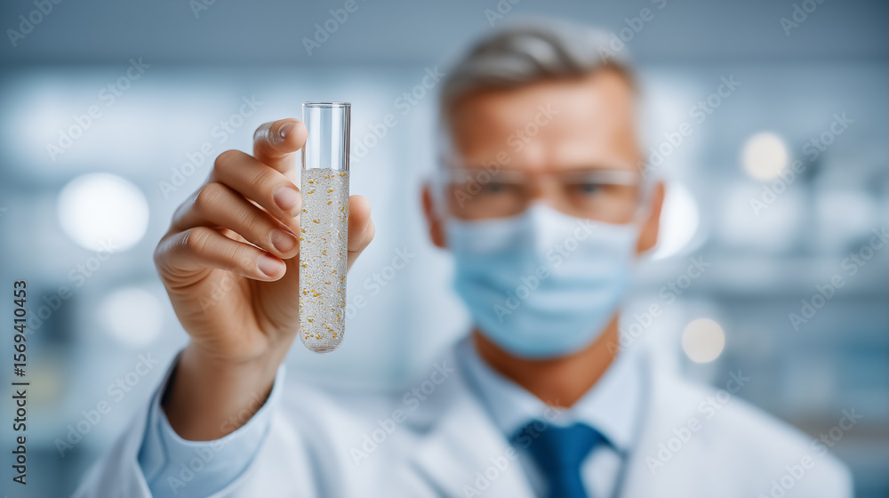 Poster scientist displaying test tube with solution in modern laboratory environment. well-organized worksp