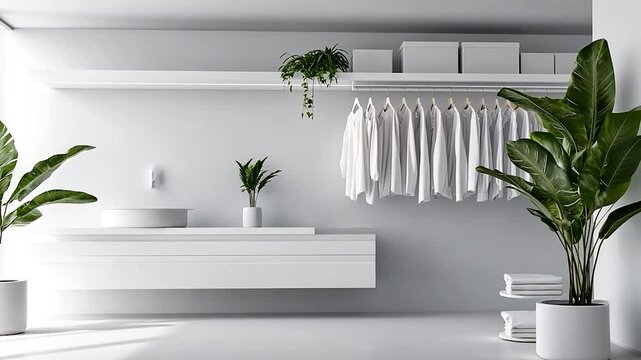 White minimalist closet with plants and clothes