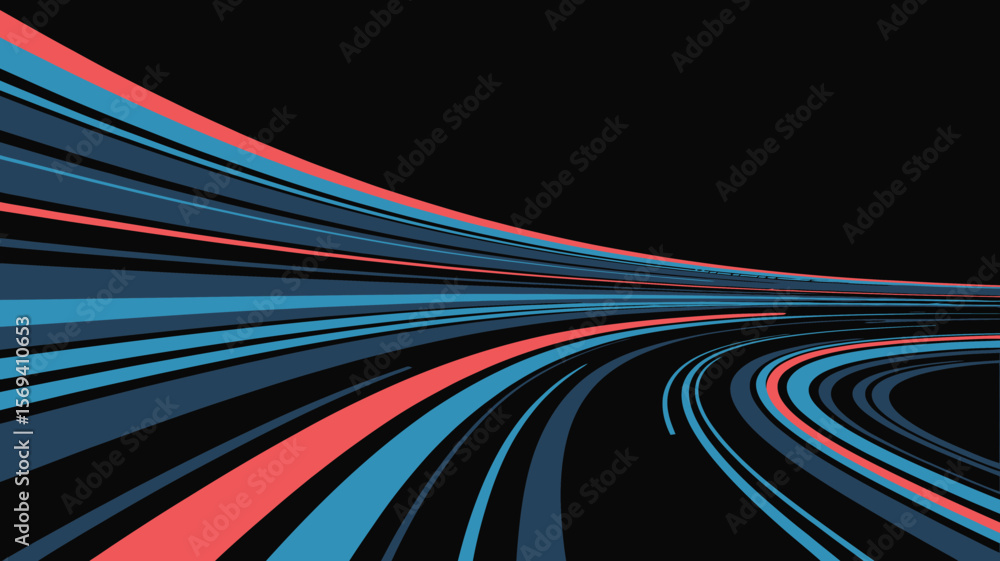 Poster abstract background with blue and red lines curving across a black backdrop creating a sense of move