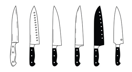 Sharp, stainless steel kitchen knives, including a chef's set, are isolated on a white background