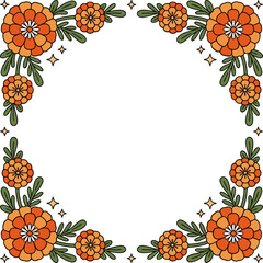 Orange marigold square floral frame, hand drawn flower border, botanical wreath, autumn invitation, decorative vector design