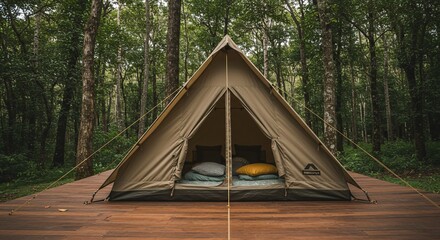 森深く静かに佇む三角テント 快適な空間 自然満喫
