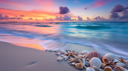 Calm beach with gentle waves, seashells on the shore, and a colorful sky at dusk 