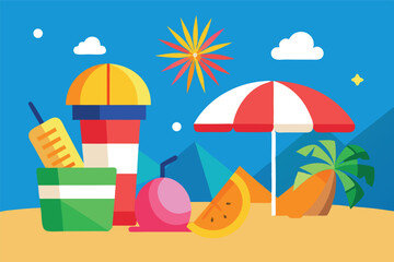 Vibrant beach elements feature colorful drinks, umbrella, fruit, and palm against a blue sky