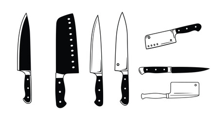 Sharp, stainless steel kitchen knives, including a chef's set, are isolated on a white background
