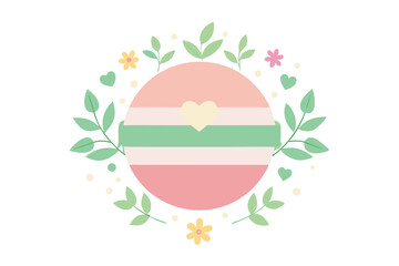 Pastel striped circle featuring a heart is surrounded by leaves and flowers on white