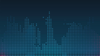 Abstract cityscape silhouette made of dots against a dark blue and purple gradient background design