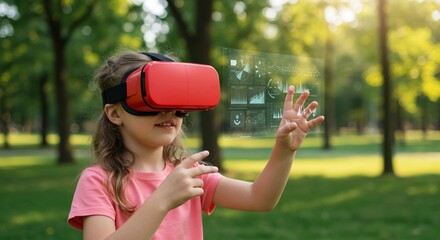 緑豊かな公園でVR体験を楽しむ少女 笑顔輝く未来