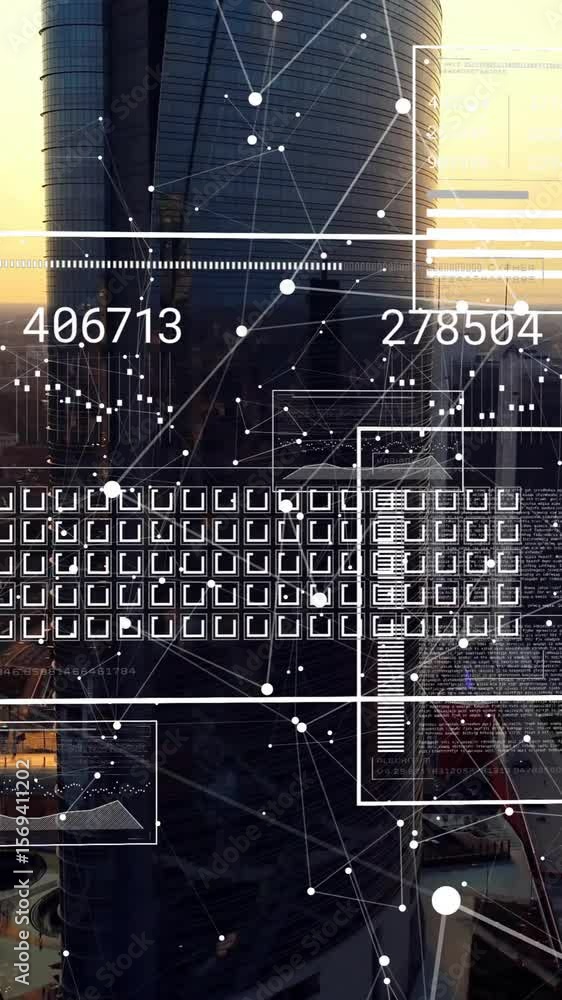 Poster animation of digital data processing over cityscape
