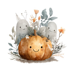 Friendly Pumpkin Surrounded by Whimsical Ghosts and Beautiful Floral Elements Perfect for Halloween Celebrations