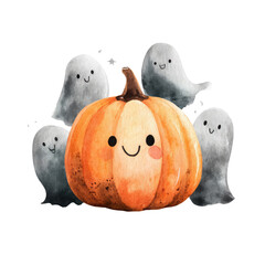 Cute Halloween Pumpkin with Smiling Face Surrounded by Cheerful Ghosts in a Whimsical Illustration
