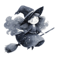 Enchanting Halloween Watercolor Illustration of a Joyful Witch on a Broomstick with Starry Background