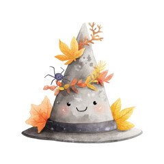 Whimsical Halloween Watercolor Illustration of a Smiling Witch Hat Surrounded by Autumn Leaves and a Friendly Spider